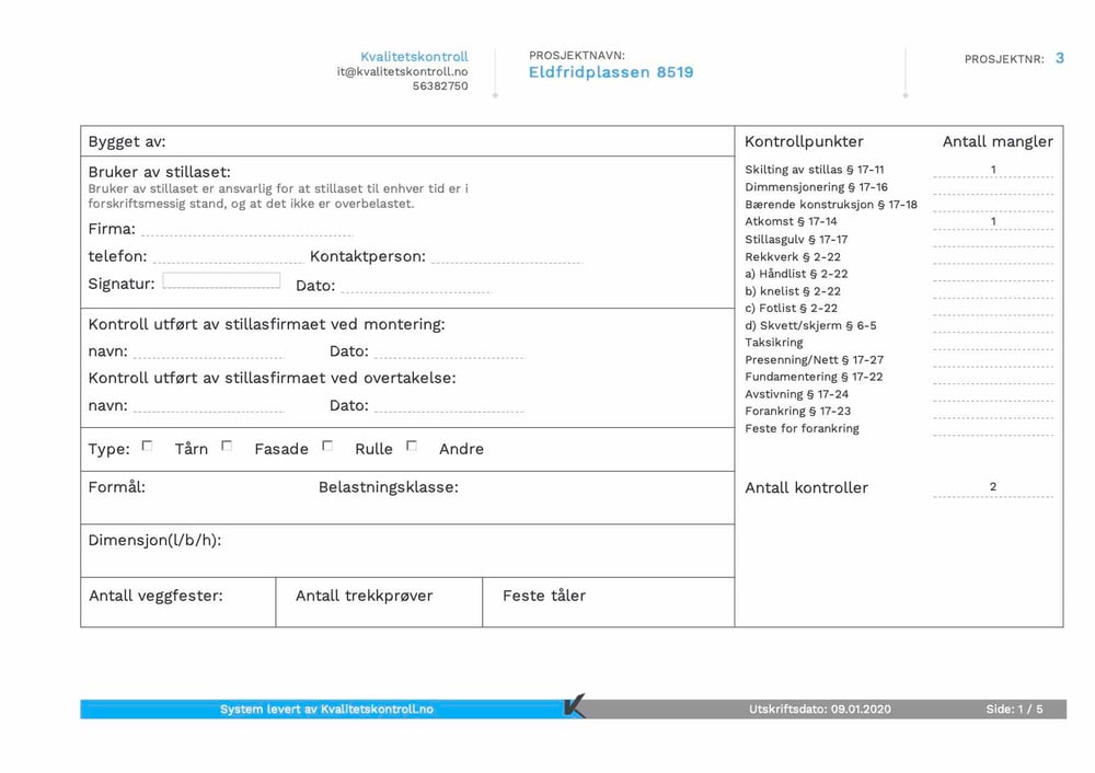 Forside av stillasskjemaet